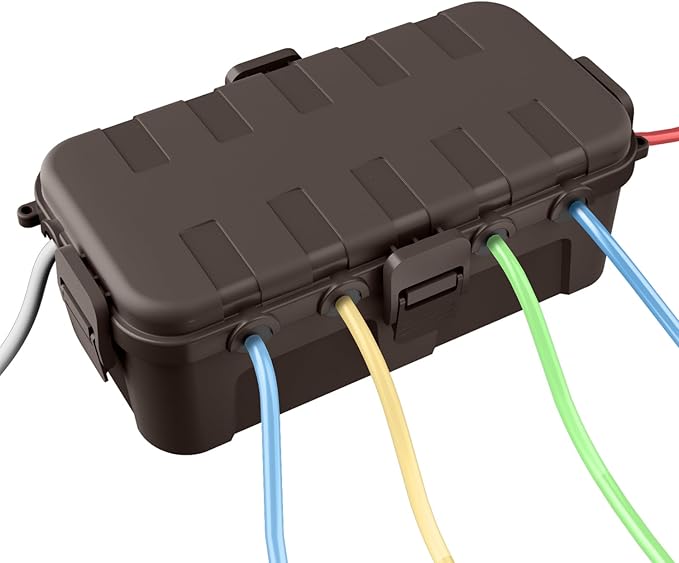 QUOBAS Outdoor Waterproof Electrical Box with 6 Cable Ports, IP54 Weatherproof Heavy-Duty Extension Cord Cover for Power Strips, Garden Power Tools, Holiday Lights, Brown
