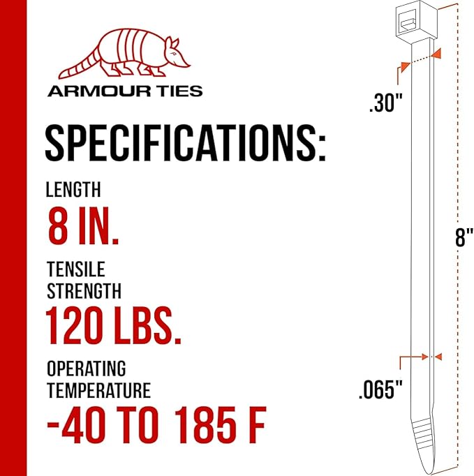 8-inch Black Zip Ties Heavy Duty UV Resistant Nylon Cable Ties, 120lb Tensile Strength, 100-Pack - Durable Wire Ties, Heavy Duty Tie Straps Indoor and Outdoor Cable Management Solution by ARMOUR TIES
