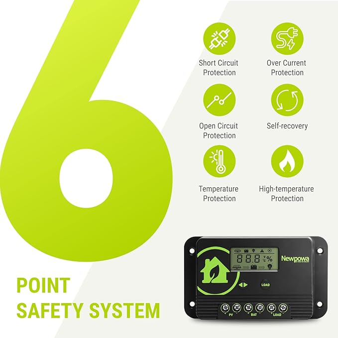 Newpowa 10A Solar Charge Controller - 12V/24V PWM Compact Design LCD Display Off Grid Solar Panel Adjustablefor AGM, Gel, Flooded and Lithium Battery