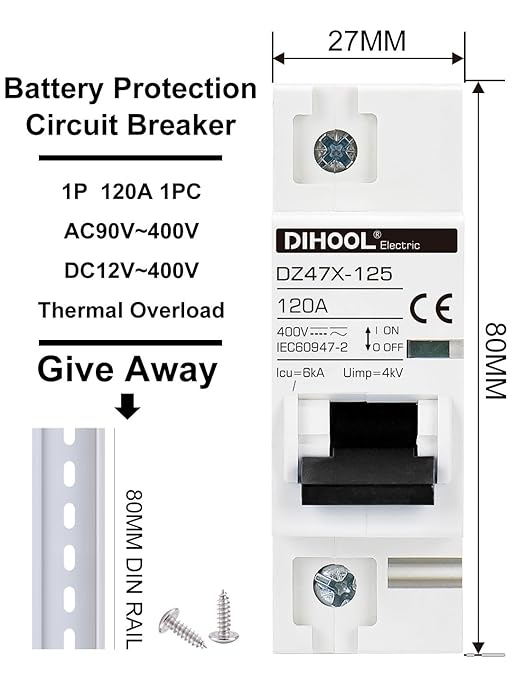 DIHOOL AC/DC Miniature Circuit Breaker, Single Pole 120 Amp, 12V 24V 48V 400V, Non Polarized, Solar Disconnect Switch, DIN Rail Mount, RV Battery Isolator, PV Array MCB, Thermal Magnetic Trip