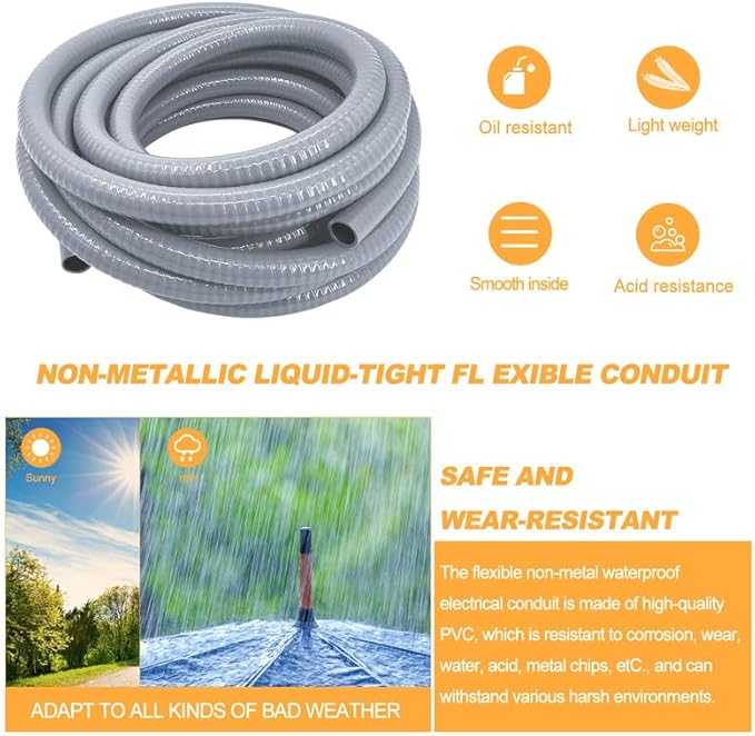 Liquid-Tight Conduit - 3/4inch 75 Foot Flexible Non Metallic Liquid Tight Electrical Conduit Kit, With 6 Straight and 5 90-Degree Conduit Connector Fittings