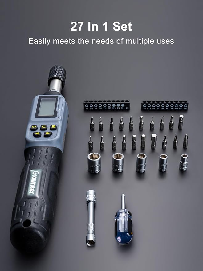 GROWNEER Digital Torque Screwdriver, 2.66-53.1 In-lbs/0.3-6 Nm, 1/4'' Drive Inch Pound Torque Screwdriver Electrician with Buzzer & LED Indicator, 27 In 1 Torque Wrench Screwdriver Set
