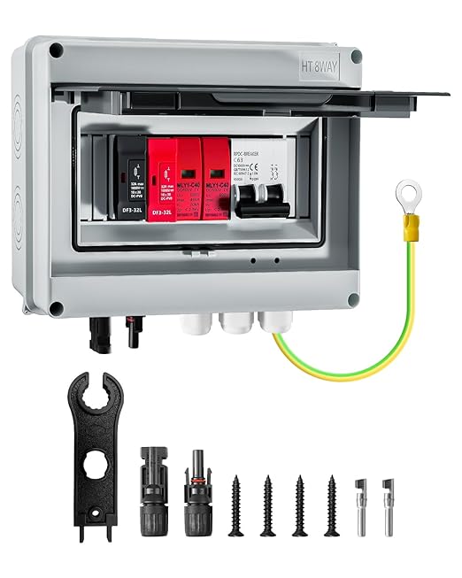 600V Solar DC PV Combiner Box, 1 String IP65 Waterproof 63A Circuit Breaker Box, 2Pcs 32A Fuse & Lightning Arrester Connector for On/Off Grid Solar Panel System, 1 Input 1 Out