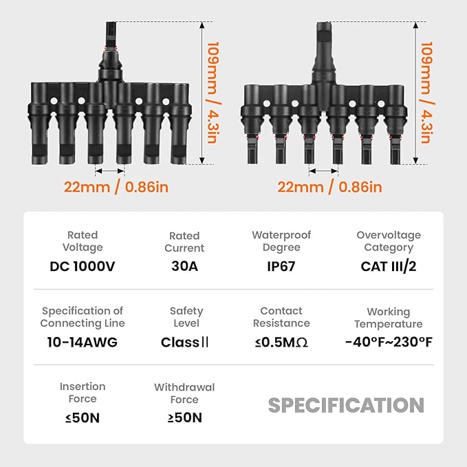 Solar Panel Connector Solar 6 to 1 Y Branch Solar Panel Splitter 6 Way 1000V Solar Y Branch Solar Panel Parallel Connectors for Parallel Connection Solar Panels (1 Pair 6 to 1)