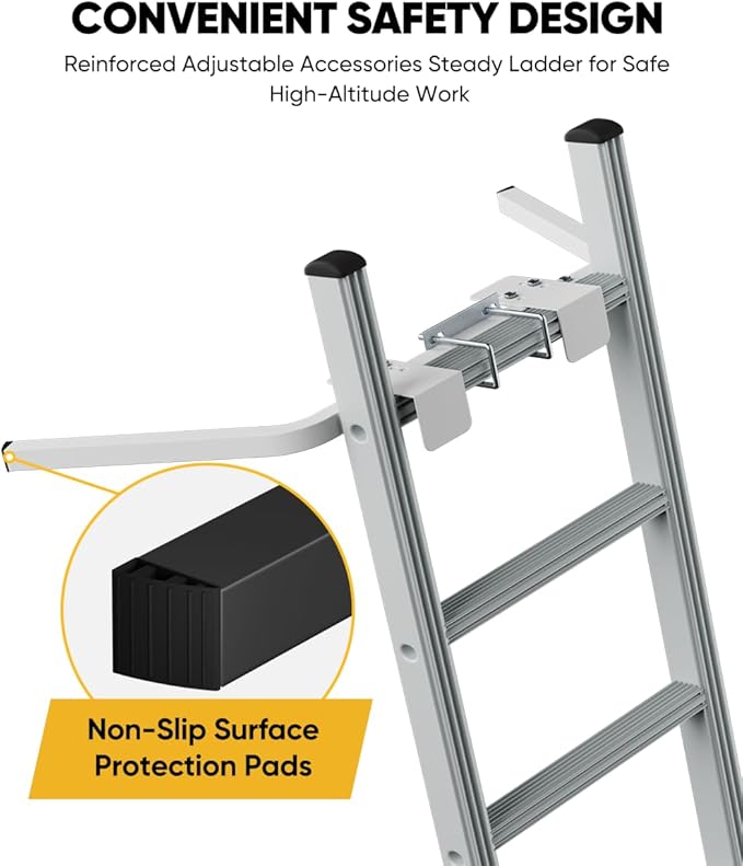 Ladder Stabilizer, Adjustable Heavy Duty Ladder Standoff with Pins & Sheet for Wing Span/Wall Extended Accessory, Ladders Roof Stabilizer with Non-Slip Rubber Pads for Roof Gutter Guard, White