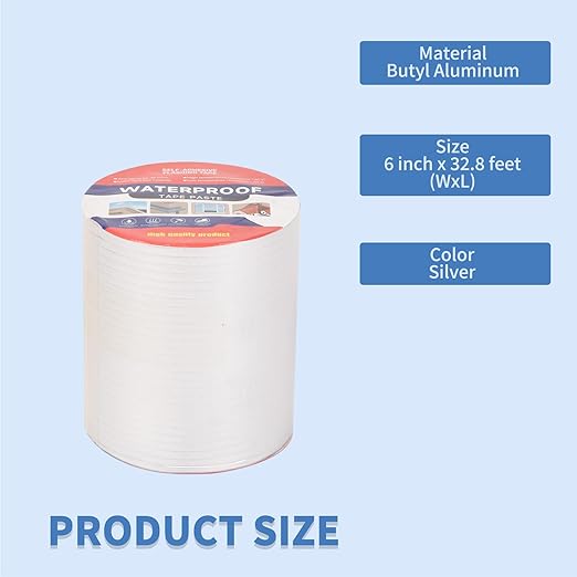 6" W X 32.8'L Waterproof Tape for Leaks Aluminum Butyl Tape with Adhesive for RV Repair, Glass Repairs, Air Mattress Patch, Window Caulking, Boat Sealing, Roof Patching