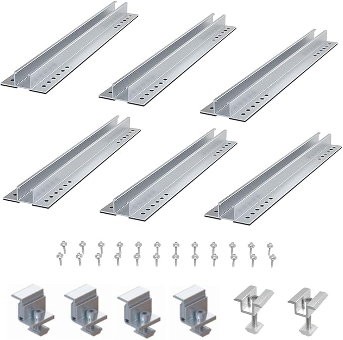 Solar Panel Mounting Brackets Rails Kit Aluminium Solar Panel Brackets for Metal Roof, Tin Roof, Flat Roof, Sheet Roof, RV, Silver (1-2 Solar Panels )