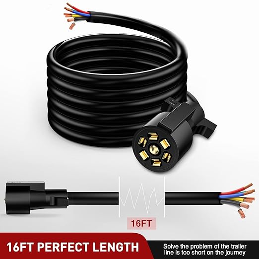 Nilight 7Way 16FT 7 Way Trailer Extension Cord Heavy Duty Plug Inline Cord 16 FT for Truck Camper Blade Molded RV Cable Wire Weatherproof Corrosion Resistant 7 Pin Trailer Plug Wire Harness