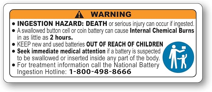 1,000 Button Cell or Coin Battery Warning Stickers Reese’s Law Compliant Small 2” x 0.8” Child Safety Ingestion Hazard Labels for Consumer Product Packaging Legible Text Oil-Proof Untearable Laminated