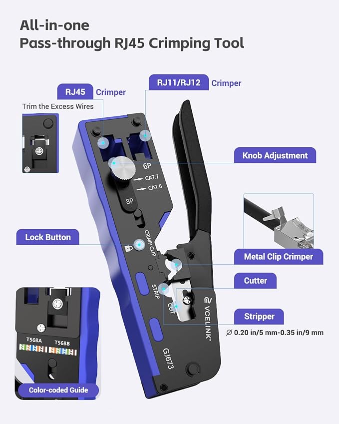 VCELINK RJ45 Crimp Tool Kit for CAT7/6A/6/5E/5, Upgraded Network Tool Set with an Ethernet Crimper, 25 RJ45 Connectors & Boots, Cable Tester, and Wire Stripper (no Cloth Bag Include, Blue Crimper)