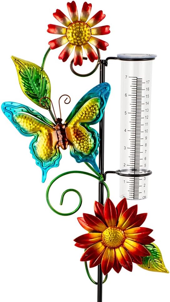 Rain Gauge Outdoor, Butterfly Rain Gauge with 7 Inch Tube, Metal Rain Measure Tool, Decorative Rain Measure Gauge for Outdoor, Garden Decor