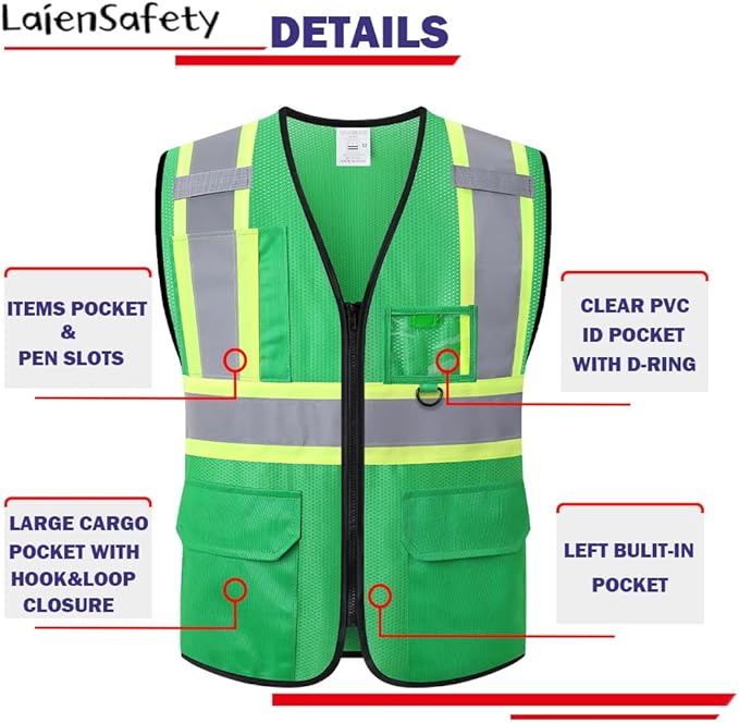 Reflective Safety Vest for Men Women with Multiple Pockets High Visibility Mesh Vest Hi Vis Construction Work Vest,Meets ANSI/ISEA Standards(EK1-178-Green-S)