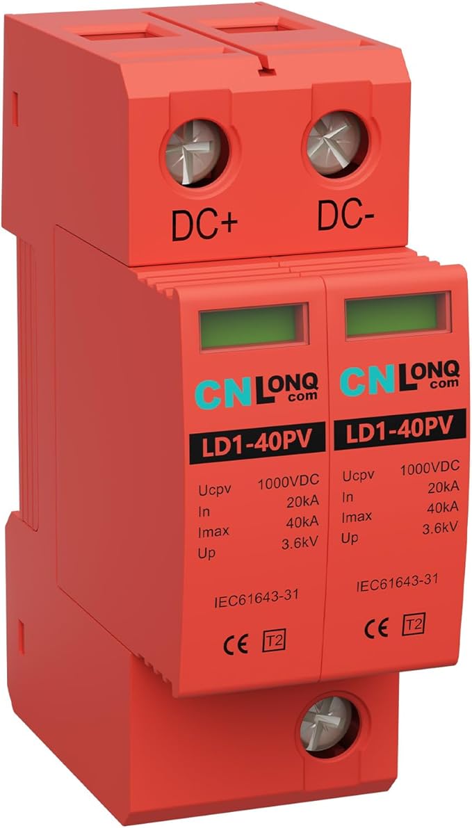 2P 40KA Voltage Surge Protector DC 1000V Solar PV Lightning Arrester Device for Rv, Home Lightning Protection System 35mm DIN Rail Mount