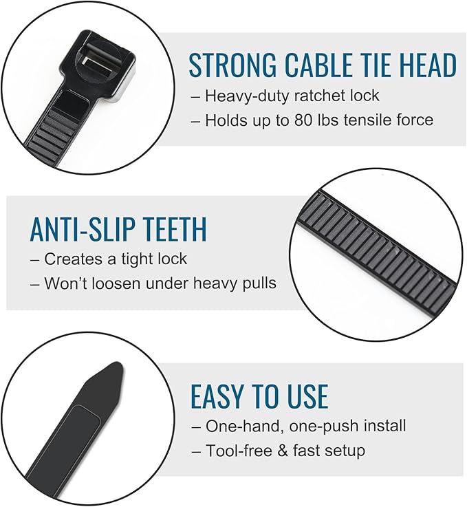 12-Inch Heavy Duty Black Cable Ties 100-Pack, 80 lb Tensile Strength and 0.3-Inch Width, UV Resistant Self-Locking Nylon for Indoor & Outdoor Use
