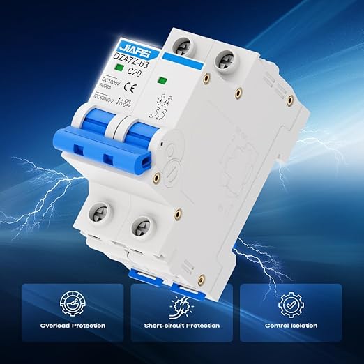 DC Miniature Circuit Breaker, 1000V 2 Pole 20 Amp Isolator for Solar PV System, Thermal Magnetic Trip DIN Rail Mount, C20 DC Disconnect Switch
