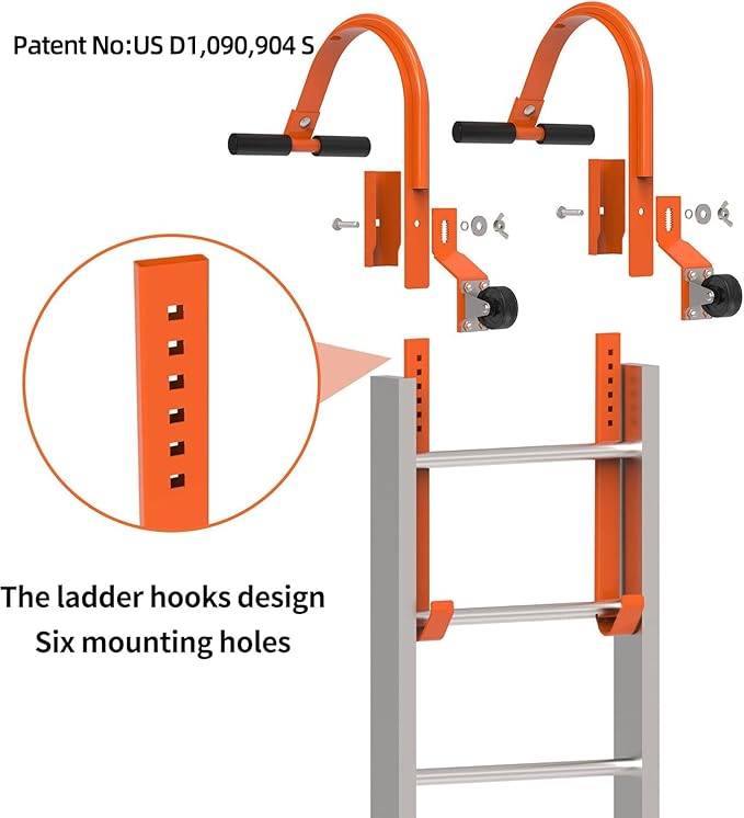 2 Pack Ladder Roof Hook with Wheel Heavy Duty Steel Ladder Stabilizer, Roof Ridge Extension, Rubber Grip T-Bar for Damage Prevention, 500 lbs Weight Ratin, Fast & Easy to Access Steep Roofs(Patent)