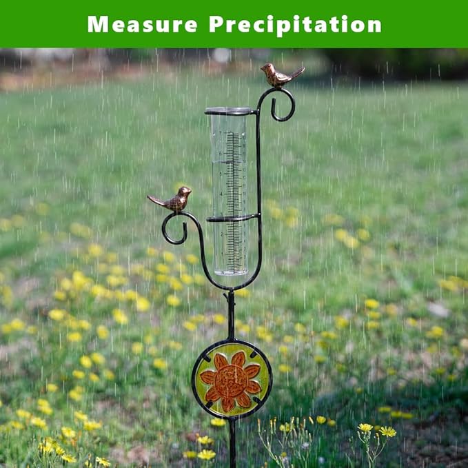 Rain Gauge Outdoor, Hummingbird Rain Gauge, Metal Rain Measure Gauge with Stained Glass, Decorative Rainfall Measurement for Patio, Lawn, Garden Decor