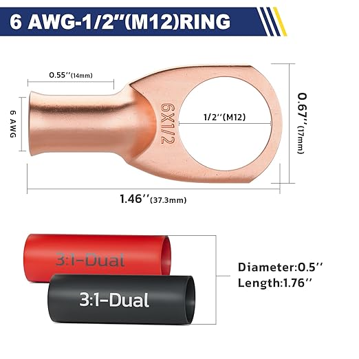 haisstronica 10pcs 6 AWG - 1/2" (M12) Battery Cable Lugs, Heavy Duty Copper Wire Lugs with 10pcs 3:1 Adhesive Heat Shrink Tubing, 6 Gauge Wire Connectors Battery Terminal Connector, Battery Cable Ends