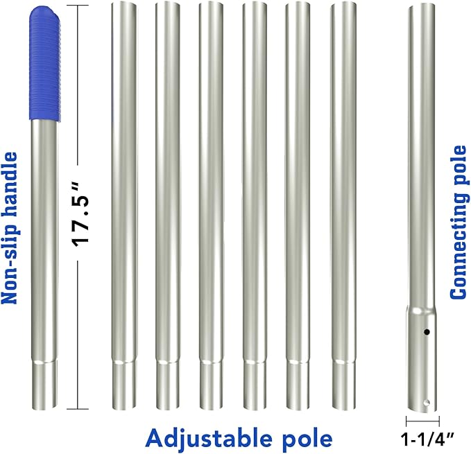 POOLWHALE 10.5 Foot Premium Aluminum Telescopic Swimming Pool Pole, Special Stripes Texture Strong Grip, Adjustable 8 Pieces 1.0 mm Expandable Step-Up, for Skimmer Nets, Vacuum Heads and Brushes