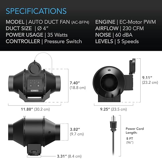 AC Infinity Automatic Duct Fan 4", Inline Fan with Differential Pressure Switch, Air Vent Booster Fan for Industrial HVAC Ducting Ventilation Exhaust Systems
