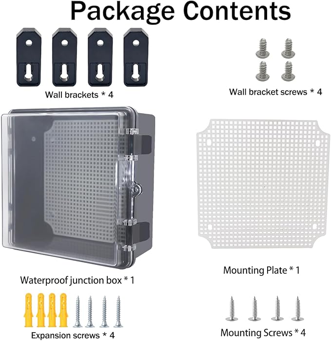 Junction Box, Hinged Black Clear Cover IP67 Waterproof ABS Project Box with Mounting Plate Electrical Box Enclosure with Wall Bracket 8.3 x 8.3 x 4.3inch(210x210x110mm)