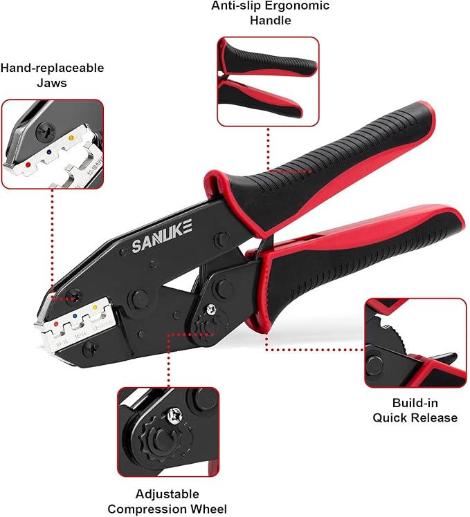 Sanuke Ratchet Crimping Tool for Heat Shrink Connectors (AWG 22-10), Wire Terminal Crimper for Insulated Nylon Connectors, Crimping Pliers for Electrical Repairs, Auto Wiring & Home Projects