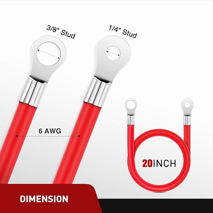 Nilight 6 AWG 20 Inch Each Battery Power Inverter Cables w/Tinned Wire Terminals Red Black 3/8 Inch Lugs Copper Parallel Oxygen-Free Wires for Solar Motorcycle Automotive Cars