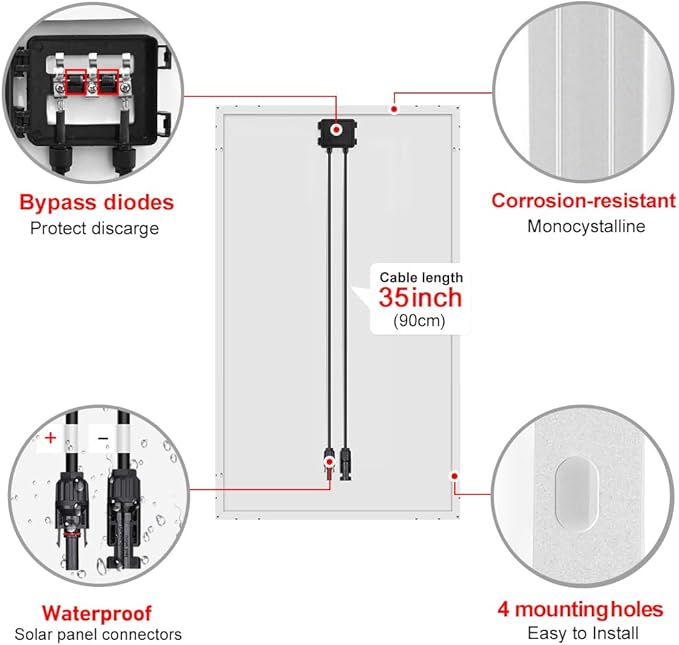 DOKIO 100W 18V Monocrystalline Solar Panel for 12V Battery Charging, Glass Module with Aluminum Frame, MC4 Connector, Pre-Drilled Holes for Rooftop, RV, Boat, Off-Grid Power