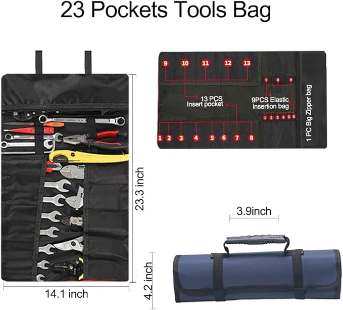 23 Pocket Tool Bag Roll Up, Tool Organizer for Men gift, Portable Tool Storage with Zipper Pouch, Compact Small Toolbag for Handyman RV Owners, Birthday Gifts