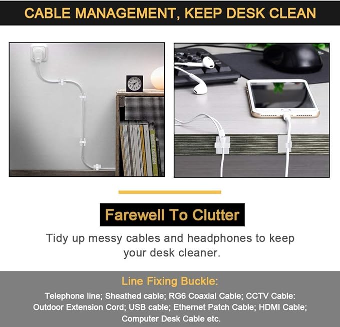 100PCS Cable Clips Adhesive Cord Organizer, Wire Management 3M Cable Ties Clips Cords Organizer Kit Clamp Holder Stick for Car Desk Tables PC Laptop TV Home Office Walls, White