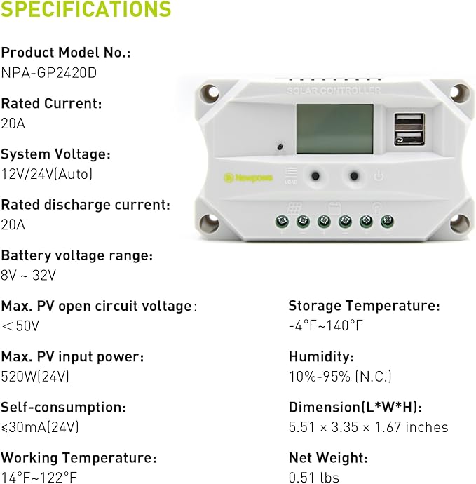 Newpowa 20A Solar Charger Controller Solar Panel Battery Intelligent Regulator with USB Port Display 12V/24V (20A Positive Ground)