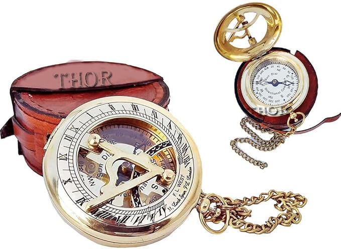 Beautiful Brass Sundial Compass with Brown Leather Case & Chain | Push Open Compass | Camping | Hiking Steampunk | Accessory Brass Finish | Sundial Clock Anniversary | Valentine’s Handmade Gift