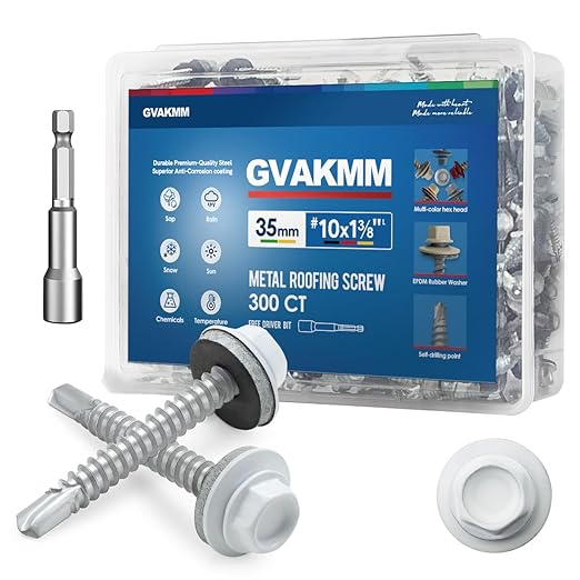 300Pcs #10 x 1-3/8" White Metal Roofing Screws, Hex Colored Head Self-Drilling Metal to Wood Siding Fasteners, in Reusable Storage Case, Hex Driver Bit Included