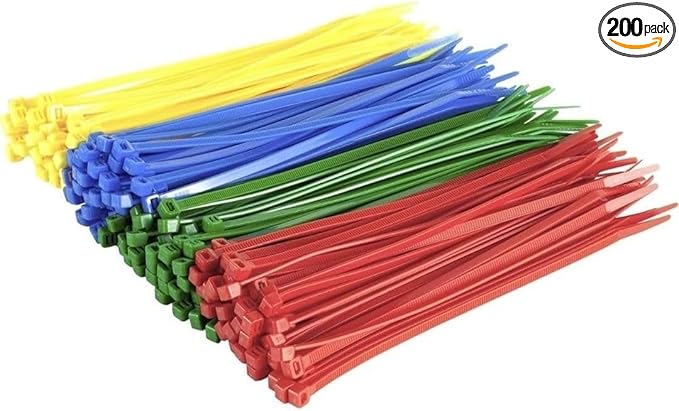 GTSE 12 Inch Mixed Colored Zip Ties, 200 Pack, 18lb Strength, UV Resistant Long Nylon Cable Ties, Self-Locking 8" Tie Wraps (Red, Blue, Green, Yellow)