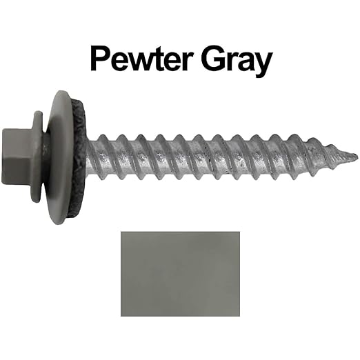 Metal Roofing Screws: (250) 12 x 1-1/2" Pewter Gray Hex Sheet Metal Roof Screw. Sharp Point Metal to Wood siding Screws. 5/8" EPDM Washer.