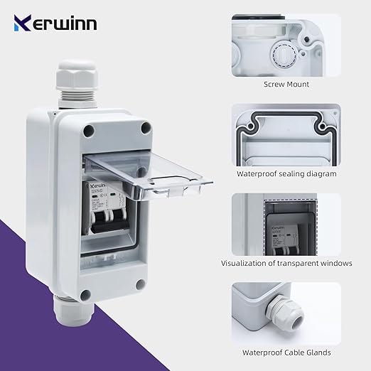 Miniature Circuit Breaker Box Cover,40A 400V Solar Panel Switch Outdoor DC Solar Disconnect Switch with DIN Rail Wiring Terminal and Waterproof Connector