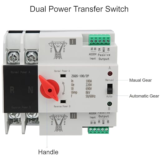 Power Automatic Transfer Switch, 100 amp Manual Transfer Switch 2P Automatic Transfer Switch Back up Generator Transfer Switch Home Transfer Switch 220V 100A