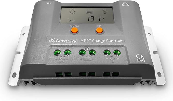 Newpowa 10A MPPT Solar Charge Controller Charge 12V Battery Regulator Dual USB Ports Negative Ground W/LCD Display Up to 130W Off Grid Solar Panel Adjustable for Gel AGM,Liquid Batteries