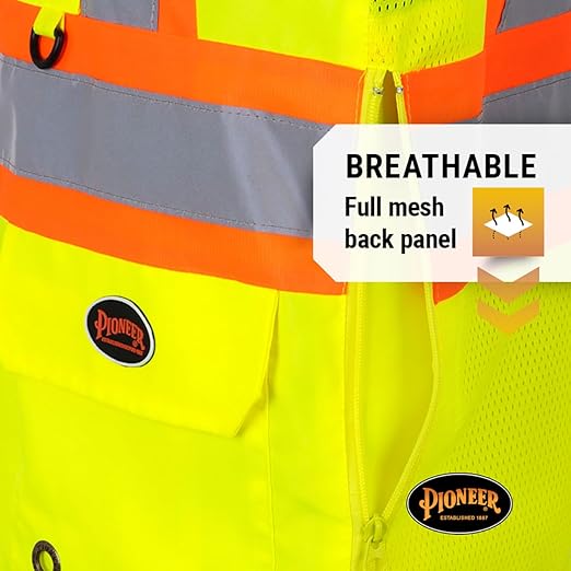 Pioneer Safety Vest for Men – Hi Vis Reflective Neon, Cool Mesh Back Panel, 12 Pockets, Zipper for Surveyor Work – Orange, Yellow/Green, V1010260U-2XL