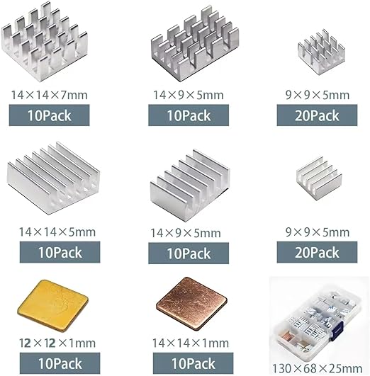 Pastall 100 PCS (8 Different Sizes) Heatsink Kit with Conductive Adhesive Tape, Aluminum Heat Sinks Cooler and Copper Heat Sink for Raspberry Pi A B B+ 2/3/4/5