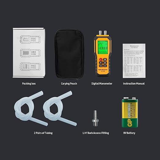 5/16 Inches Diameter Pressure Port Digital Manometer, YZT Meter Dual Port Air Pressure Meter Pressure Gauge HVAC Gas Tester, Differential Pressure Manometer