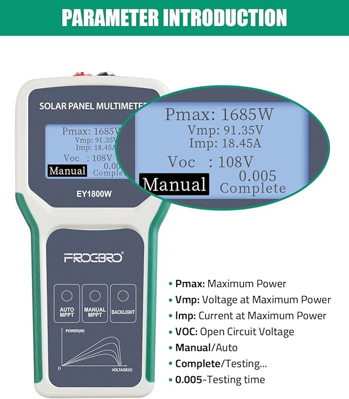 FrogBro 1800W Solar Panel Tester Photovoltaic Multimeter, Troubleshooting Tool with Smart MPPT Display, Upgraded Measuring Range (5~1800W, 20~120V, 0~60A) for Solar PV Panel Testing and Data Analysis