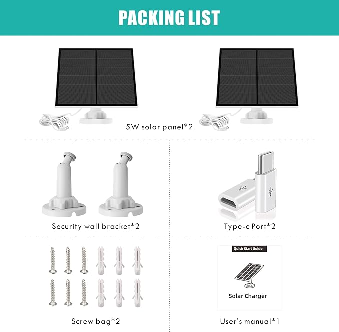 Solar Panel for Security Camera, 5W USB Solar Panel for Micro USB and USB-C Port Outdoor Rechargeable Battery Camera, Solar Panels with 9.8ft Cable, Adjustable Wall Mount, IP65 Waterproof, 2 Pack