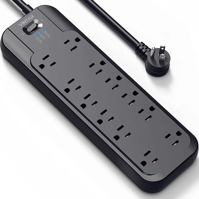 VINTAR Power Strip Surge Protector (2 × 4800 Joules) with 12 AC Outlets,1875W Output, 6ft Long Extension Cord Flat Plug with Dual Surge Protection for Office, Home, ETL Listed, Black