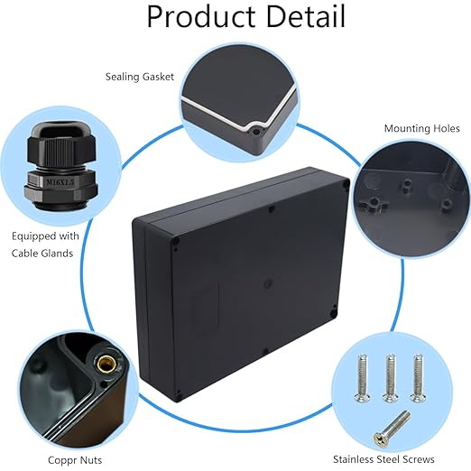 Junction Box IP65 Waterproof ABS Plastic Electrical Project Case Power Junction Boxes, Project Box with 4 PCS M16 Cable Glands 10.35x7.17x2.36 inch (263 x 182 x60 mm)