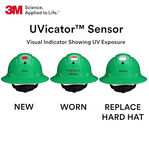 3M Hard Hat SecureFit H-804SFR-UV, Green, Non-Vented Full Brim Style Safety Helmet with Uvicator Sensor, 4-Point Pressure Diffusion Ratchet Suspension, ANSI Z87.1