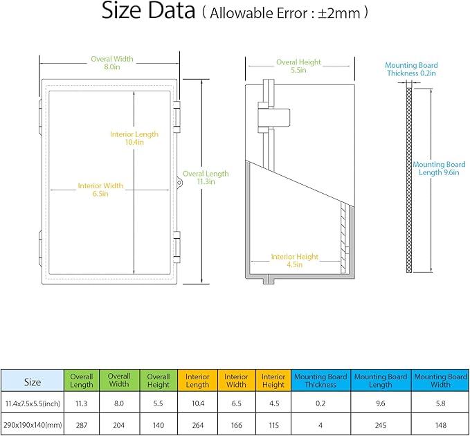 ABS Plastic Dustproof Waterproof IP65 Junction Box Hinged Shell Universal Electrical Project Enclosure Gray, with PC Transparent Clear Cover 11.4 x 7.5 x 5.5inch(290 x190 x140mm)