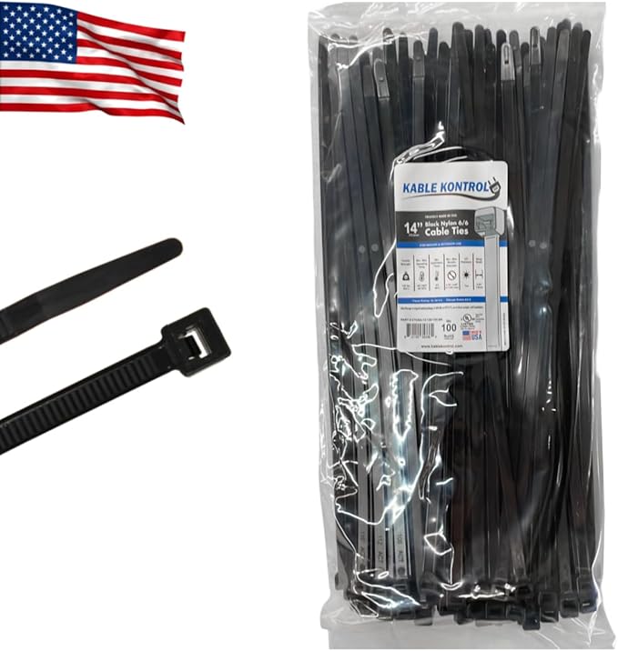 Kable Kontrol Made in USA Cable Zip Ties, 100 Pcs 14 Inch Black, 120 Lbs Tensile Strength, Self-locking UV Resistant Plastic Nylon Wire Ties, for Indoor or Outdoor Use