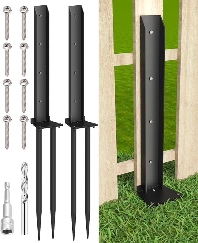 Heavy Duty Metal Steel Fence Post Repair Kit, Double-Tube Style, 2 Packs, Black