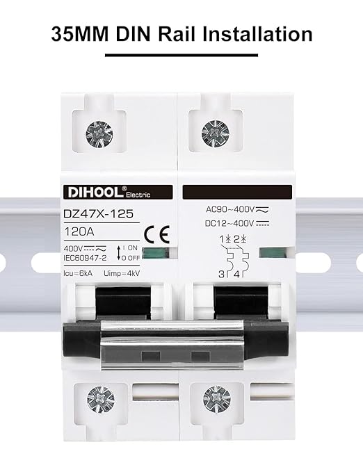 DIHOOL Solar Disconnect Switch, 120 Amp 2 Pole, DIN Rail Mount, Non Polarized, 12V 24V 48V 400V, AC/DC Circuit Breaker, RV Battery Isolator, PV Array MCB, Thermal Magnetic Trip